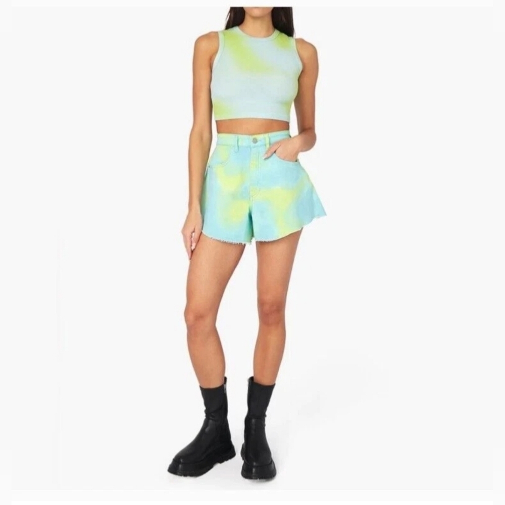 WeWoreWhat Flare Bell Shorts Twill Denim Frayed Hem Tie Dye Green/Blue Size 28